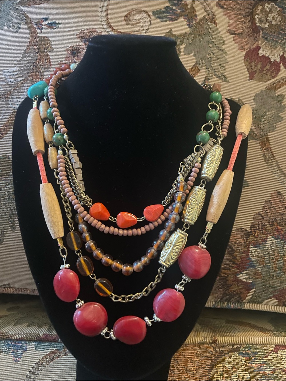 Multi-Strand Boho Statement Necklace in Coral, Pink & Green